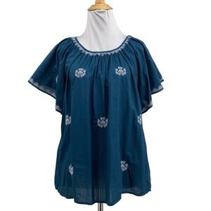 Madewell Blouse Women M Medium Navy Embroidered Flutter Sleeve Top Cotton Poplin